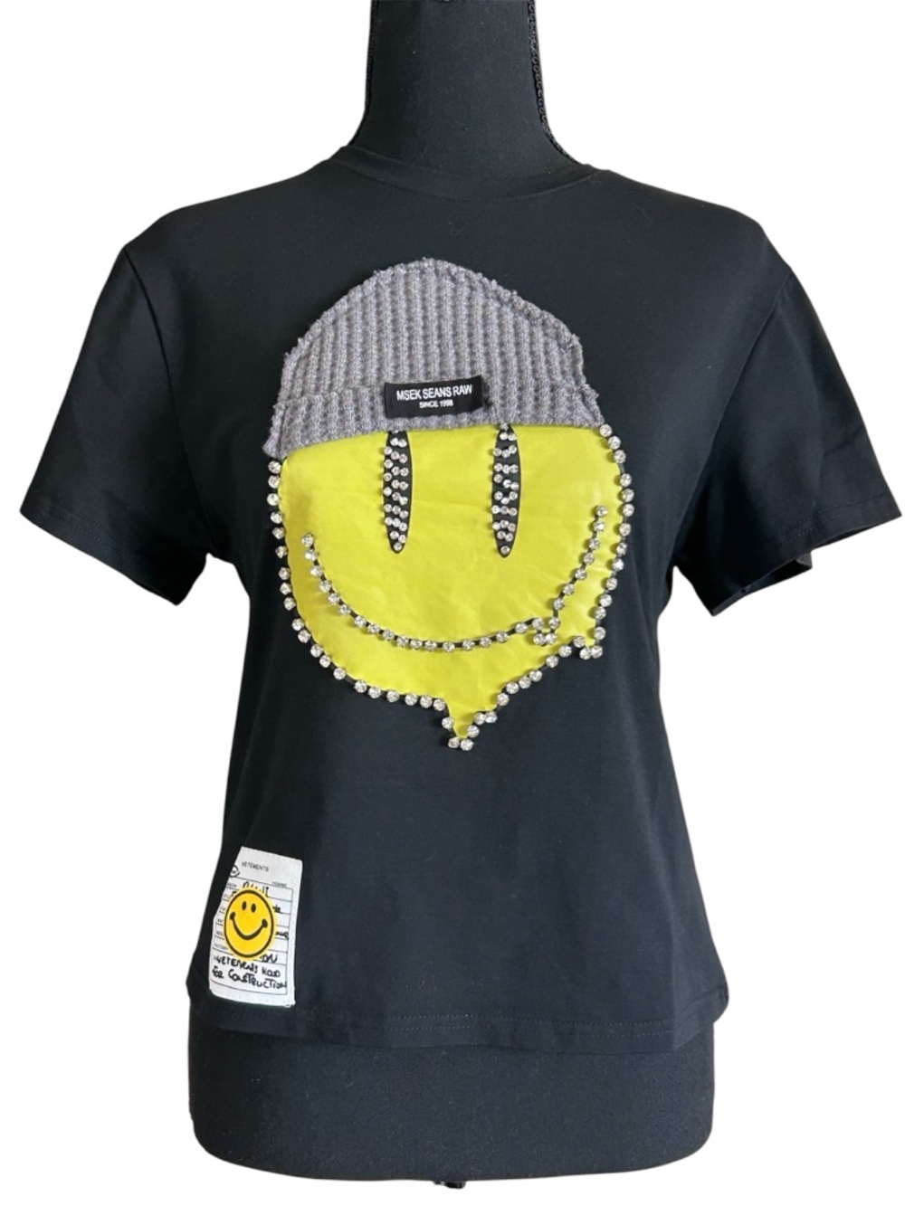 MSEK Seans Raw Rhinestone Smiley Graphic Black T-Shirt Small